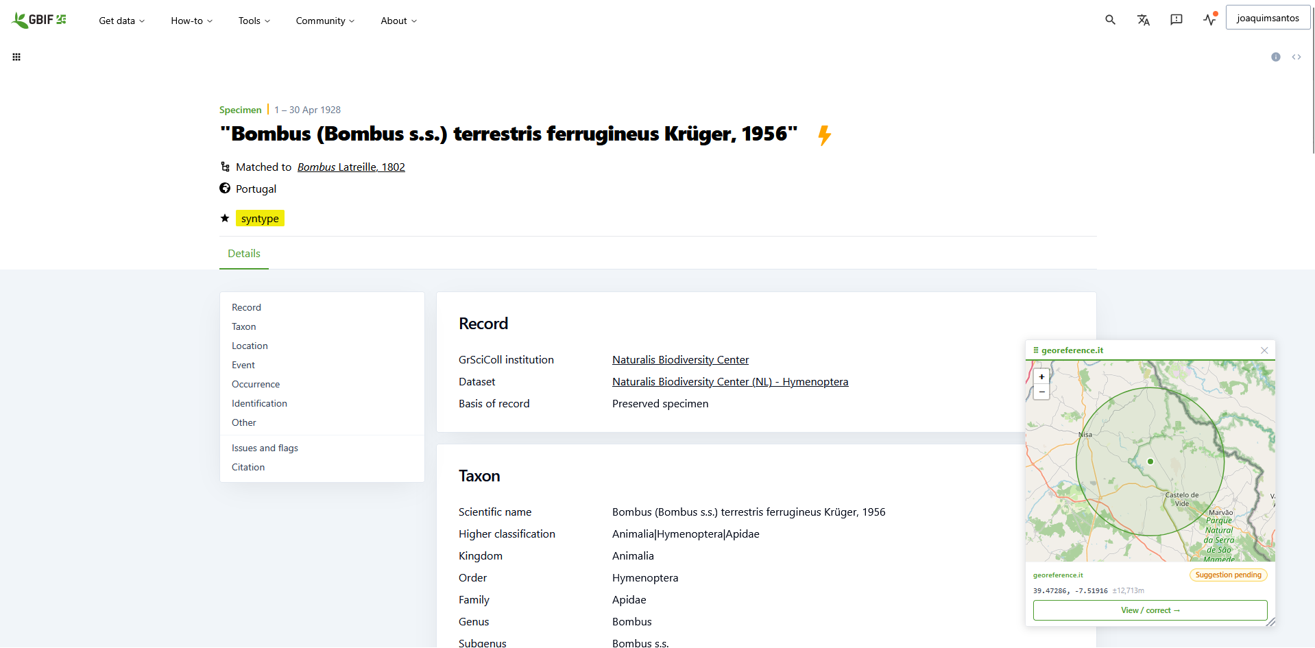 georeference.it extension panel on a GBIF occurrence page, showing a map with suggested coordinates and a pending suggestion badge